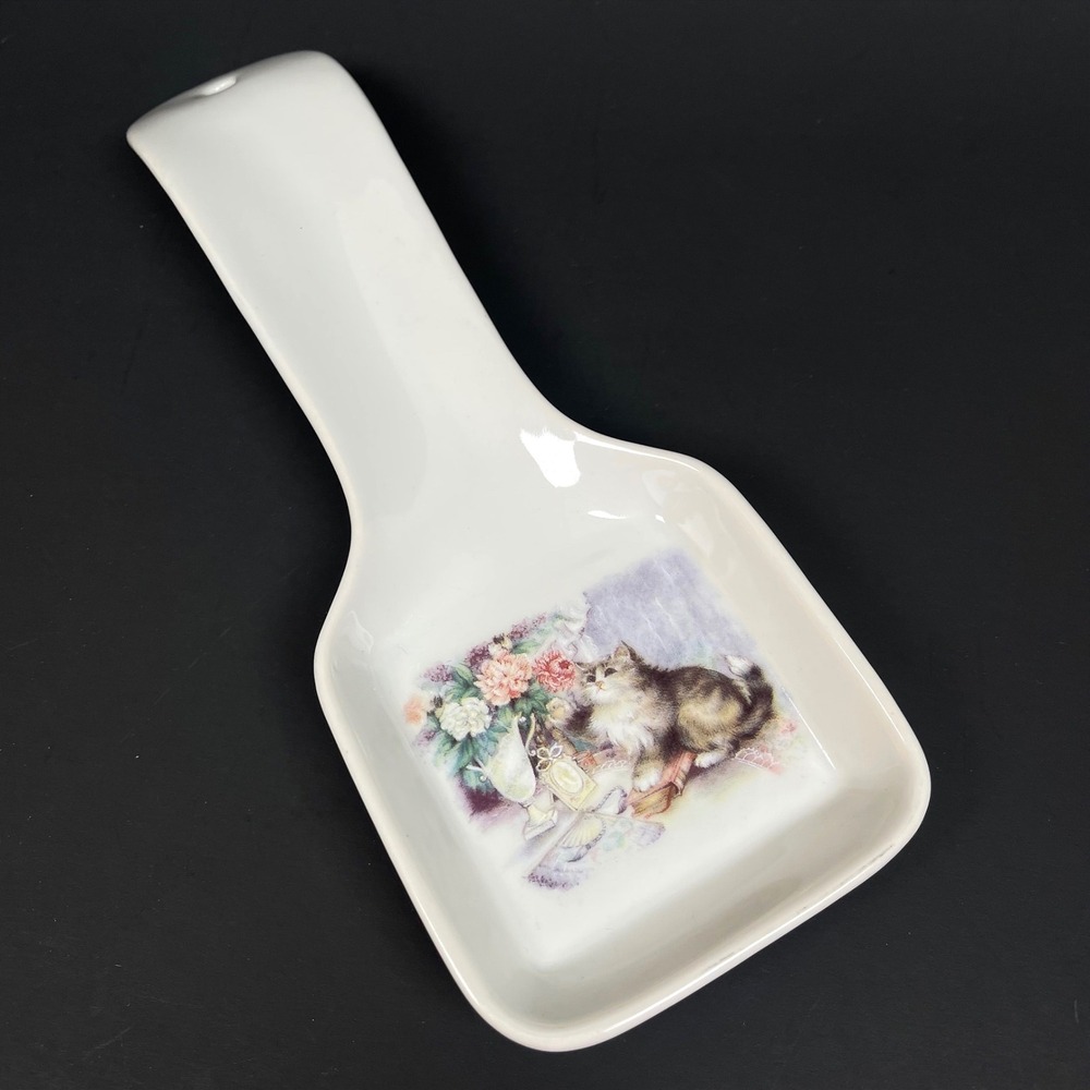 Vintage Otagiri Spoon Rest Tavistock Fluffy Cat White Ceramic Floral Japan